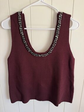 Zara Jeweled Scoop Neck Heavy Tank Top - Burgundy